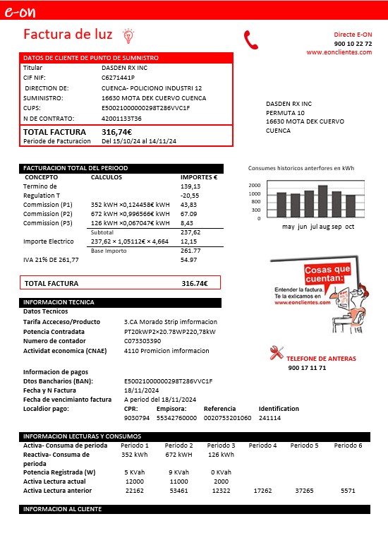 Spain E.ON electricity business utility bill template in Word and PDF formats